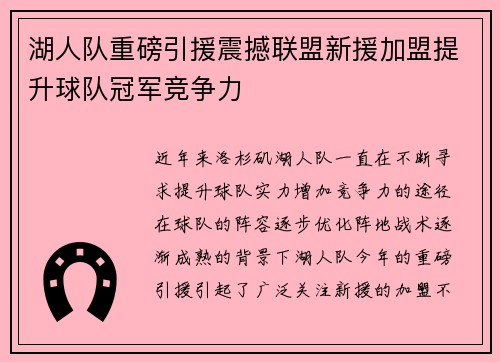 湖人队重磅引援震撼联盟新援加盟提升球队冠军竞争力